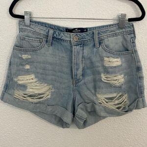 Hollister- high rise mom short 3”- Light Wash- distressed- roll over- Size 29